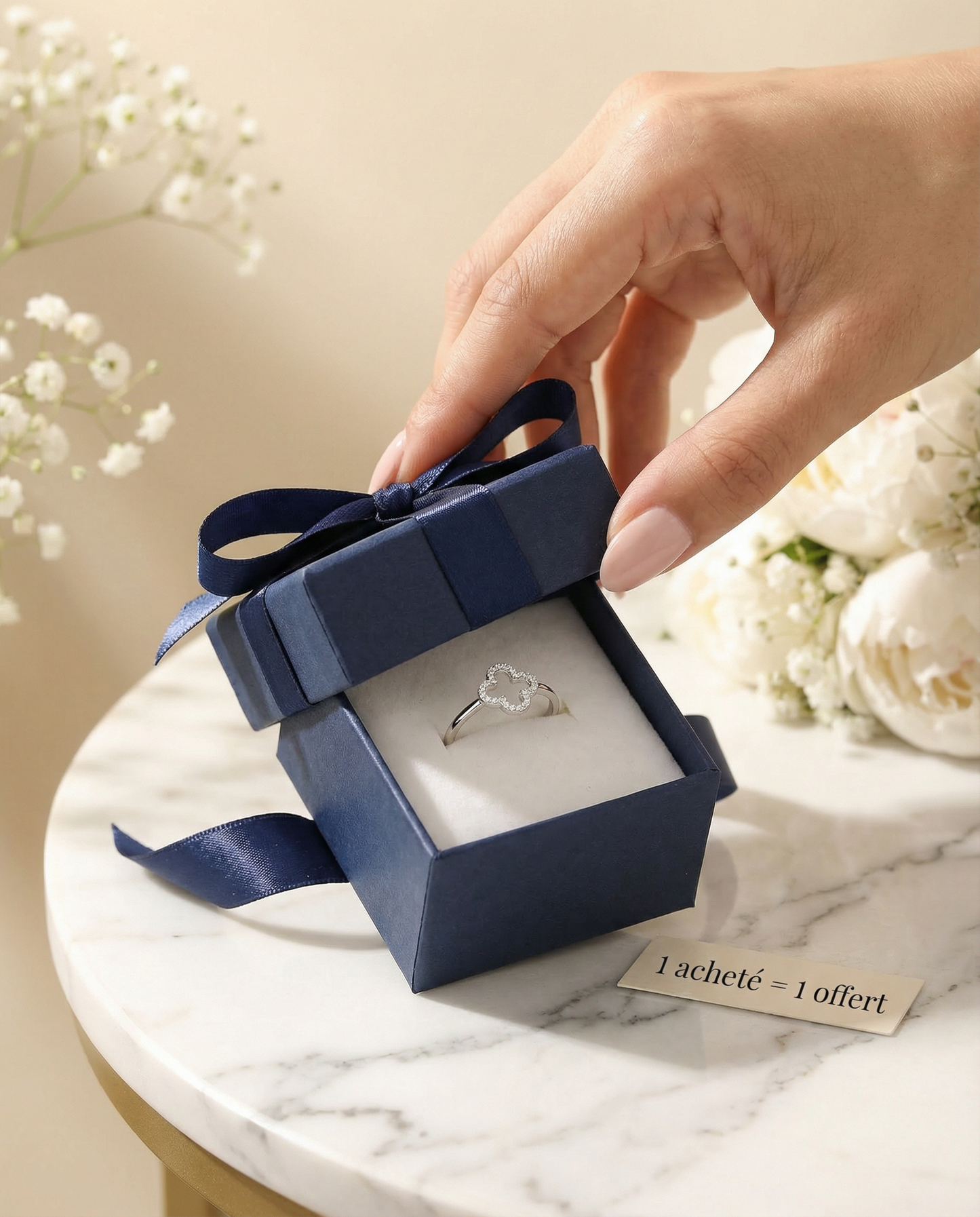 Clover Ring — Unboxing navy box, ring on velvet cushion, Buy 1 Get 1 Free