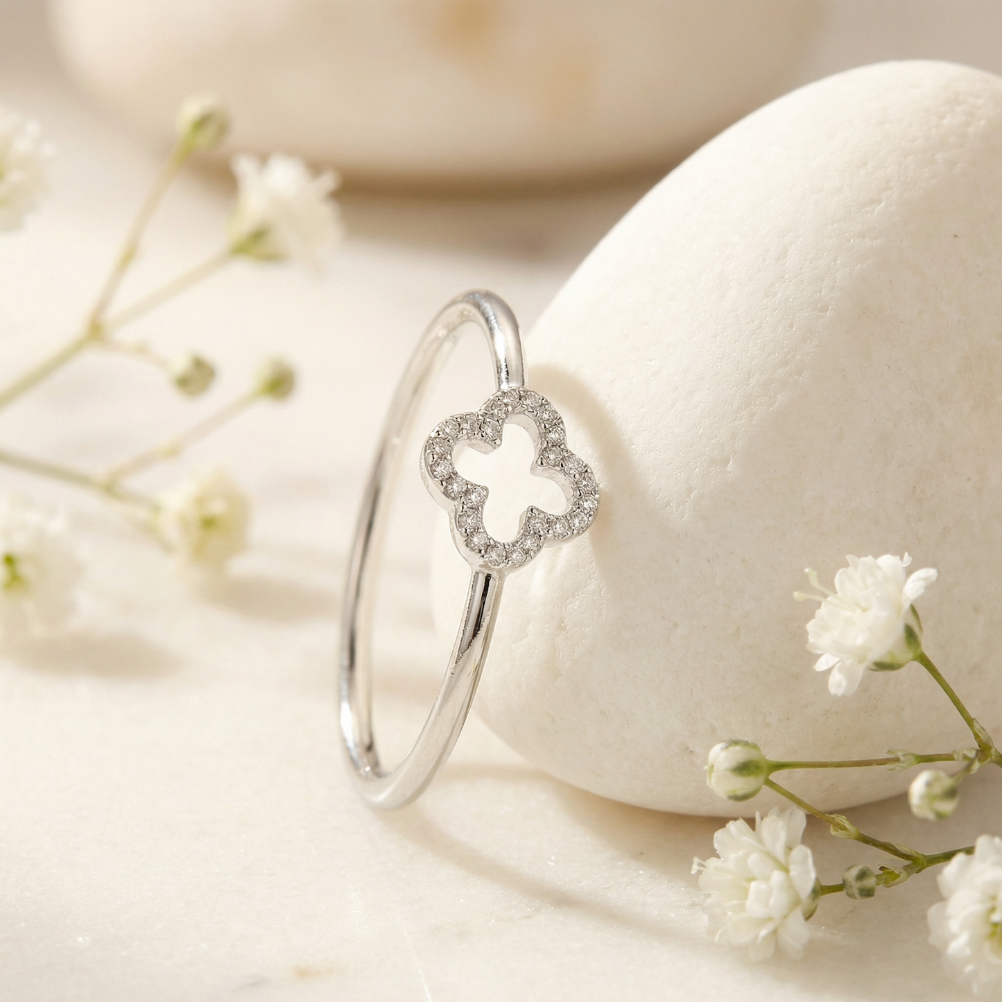 Clover Ring — Silver & Diamonds — ultra-thin band, delicate clover design