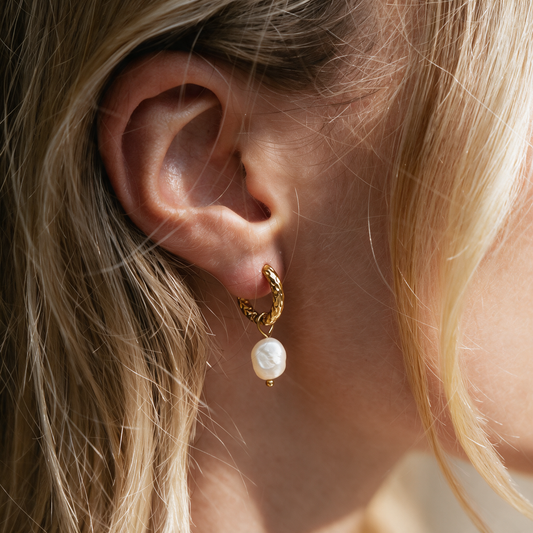 Hammered Pearl Hoop Earrings
